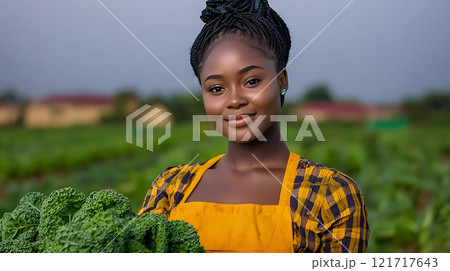 young woman harvesting organic vegetables in vibrant field 121717643