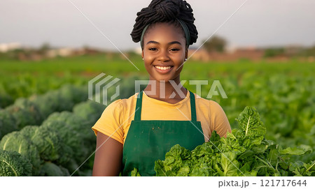 young woman harvesting organic vegetables in lush field, smiling joyfully 121717644