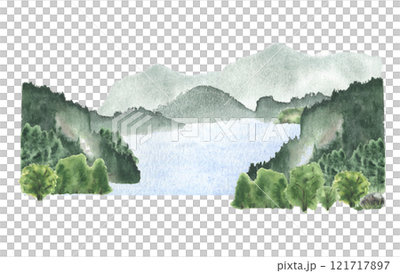 Watercolor landscape of serene lake surrounded by lush green forests and misty mountains hand drawn. Water surface and woodland scenery isolated on white for nature designs, postcards. Lake Baikal. 121717897
