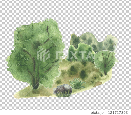 Woodland scenery of green trees, stone on grass watercolor illustration hand drawn. Dense foliage of shrubs backdrop and forest glade isolated. Lush greenery nature sketch painted for landscape design 121717898