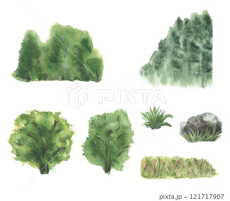 Green trees, bushes, grass, and rocks watercolor set hand drawn. Various summer forest elements isolated. Painted for landscape design, architectural projects, nature illustrations, sketch, poster. 121717907