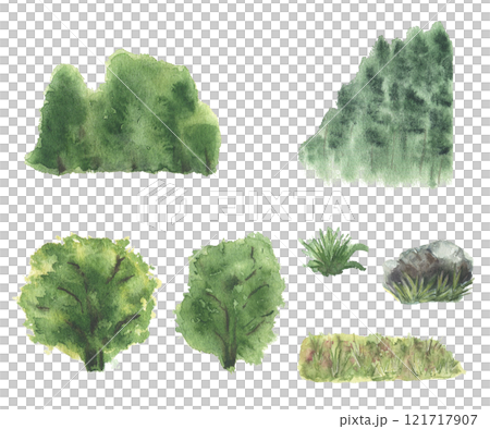 Green trees, bushes, grass, and rocks watercolor set hand drawn. Various summer forest elements isolated. Painted for landscape design, architectural projects, nature illustrations, sketch, poster. 121717907
