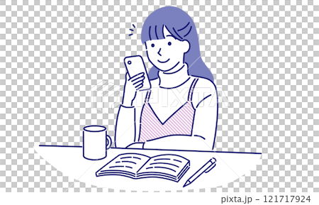 一名婦女在學習期間使用智慧型手機的場景 — 簡單而流行的向量圖 121717924