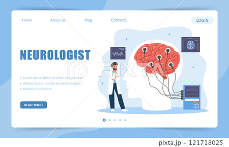 Neurologist concept. Landing page template. Male doctor examine human brain. Electroencephalography. Research scientist. Vector illustration in flat cartoon style Neurologist concept. Landing page template. Male doctor examine human brain. Electroencephalography. Research scientist. Vector illustration in flat cartoon style 121718025