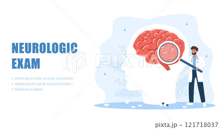 Neurologic exam concept. Man in medical uniform examine huge organ. Neurological therapy. Vector illustration in flat cartoon style 121718037