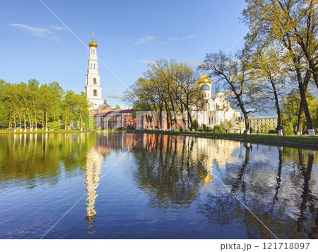 Old Church in the spring with reflection in pond. 121718097