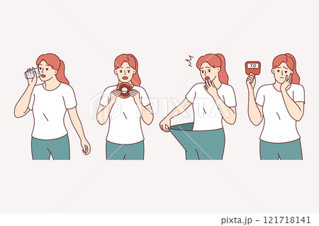 Woman with symptoms diabetes experiences thirst and hunger, or suddenly loses weight for no reason 121718141