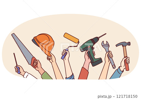 Hands of repair and construction specialists with working tools for safe and efficient work 121718150