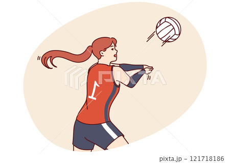 Woman volleyball player tosses ball to score goal for opposing team during tournament or training 121718186