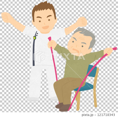 ゴムバンドでリハビリ訓練をする人と理学療法士 121718343
