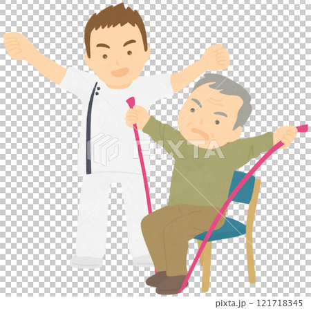 ゴムバンドでリハビリ訓練をする人と理学療法士 ゴムバンドでリハビリ訓練をする人と理学療法士 121718345