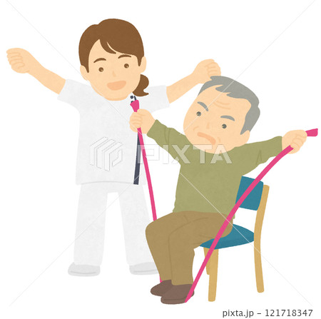 ゴムバンドでリハビリ訓練をする人と理学療法士 121718347