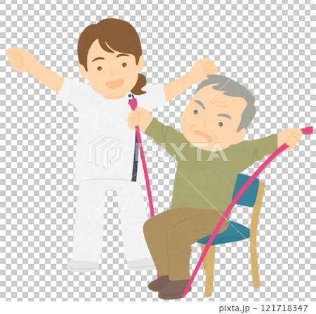 ゴムバンドでリハビリ訓練をする人と理学療法士 121718347
