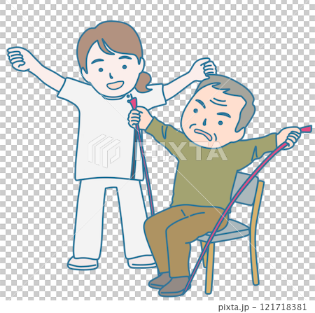 A person and a physical therapist doing rehabilitation training with rubber bands 121718381