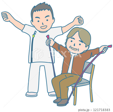 ゴムバンドでリハビリ訓練をする人と理学療法士 ゴムバンドでリハビリ訓練をする人と理学療法士 121718383