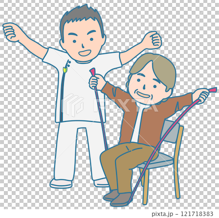 ゴムバンドでリハビリ訓練をする人と理学療法士 ゴムバンドでリハビリ訓練をする人と理学療法士 121718383