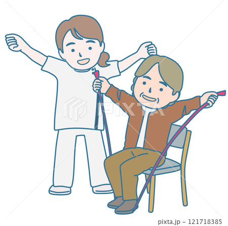 ゴムバンドでリハビリ訓練をする人と理学療法士 121718385