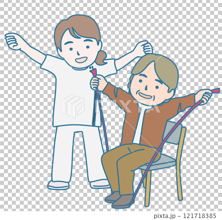 ゴムバンドでリハビリ訓練をする人と理学療法士 121718385