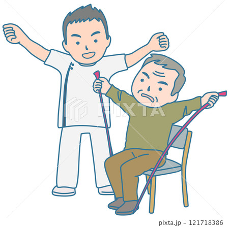 ゴムバンドでリハビリ訓練をする人と理学療法士 ゴムバンドでリハビリ訓練をする人と理学療法士 121718386