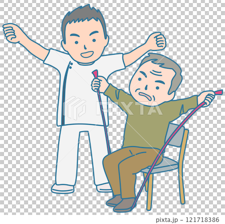 ゴムバンドでリハビリ訓練をする人と理学療法士 ゴムバンドでリハビリ訓練をする人と理学療法士 121718386