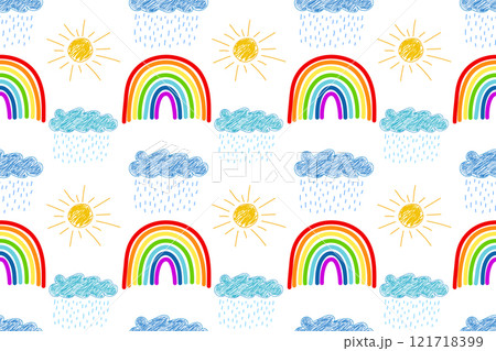 Colorful Rainbow, Sun, and Rainy Cloud Seamless Pattern on White Background Colorful Rainbow, Sun, and Rainy Cloud Seamless Pattern on White Background 121718399