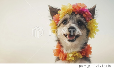 Smiling dog, wearing a wreath of flowers on a light background. 121718410