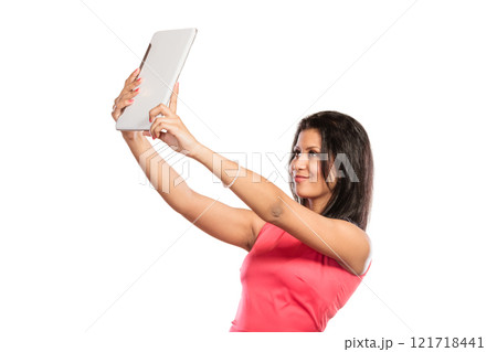 Mixed race african woman taking selfie self photo. 121718441