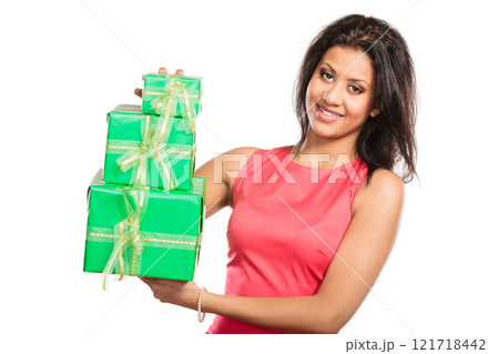 Pretty mixed race woman with boxes gifts. Birthday 121718442