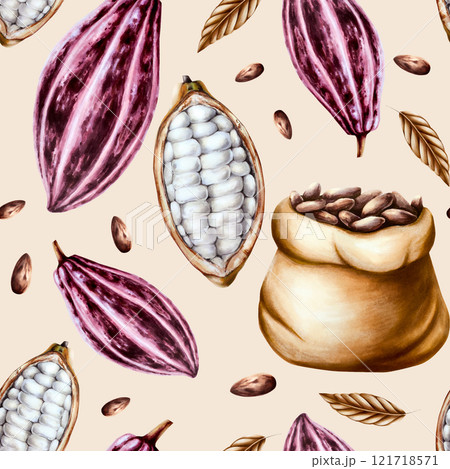 Watercolor composition with open cocoa pod, fruit. Beans in a canvas bag. Hand drawn realistic organic superfood illustration isolated on white background. For designers, packaging design, menu 121718571
