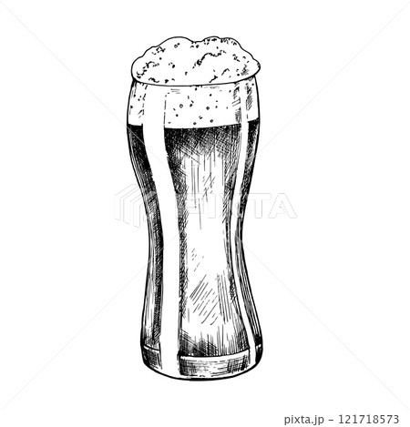 Vector Glass of beer with cap of foam. Graphic ink ale illustration isolated on background. Hand drawn line sketch. For designers, prints, logo, menu, postcards, wrapping paper, holiday, covers Vector Glass of beer with cap of foam. Graphic ink ale illustration isolated on background. Hand drawn line sketch. For designers, prints, logo, menu, postcards, wrapping paper, holiday, covers 121718573