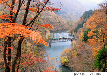 只見線「11月中旬の紅葉に包まれた第三只見川橋梁」 只見線「11月中旬の紅葉に包まれた第三只見川橋梁」 121718636