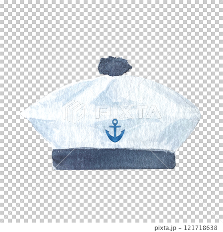 Tarpaulin, sailor hat with anchor watercolor hand painted illustration set isolated on white. Navy design element. High quality art perfect for cards, banners, invitations, guides, stationary and Tarpaulin, sailor hat with anchor watercolor hand painted illustration set isolated on white. Navy design element. High quality art perfect for cards, banners, invitations, guides, stationary and 121718638