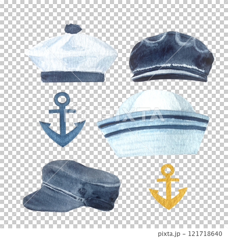 Tarpaulin, sailor hat, anchor watercolor hand painted illustration set isolated on white. Navy design element. High quality art perfect for cards, banners, invitations, guides, stationary and books 121718640