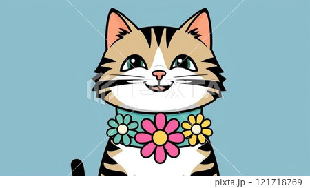 花輪をつけた笑顔の猫のイラスト 花輪をつけた笑顔の猫のイラスト 121718769