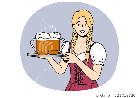 Woman waiter with beer on tray smiles, inviting to visit bavarian festival to try alcoholic drinks Woman waiter with beer on tray smiles, inviting to visit bavarian festival to try alcoholic drinks 121718820