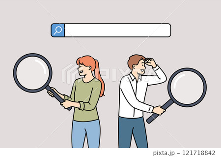 Business people in search of information for drawing up corporate strategy stand near search bar 121718842