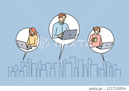 Business people work from own apartments in different parts of city with skyscrapers, using laptops 121718854