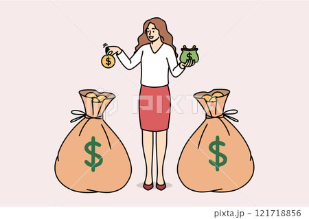 Rich woman distributes money between two bags of gold, accumulating capital for investment 121718856