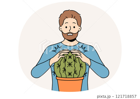 Man is scared and touches cactus and gets wound for concept problems associated with unshaven hair 121718857