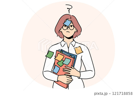 Confused woman student with stickers on face and shirt needs ability to do task management 121718858