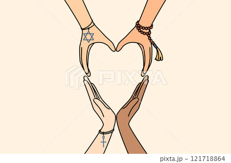Interfaith friendship demonstrated by heart-shaped hands, with signs from islam and christianity Interfaith friendship demonstrated by heart-shaped hands, with signs from islam and christianity 121718864