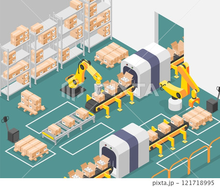 Isometric manufacture interior. Automatic production line, robotic machines work in factory. Product packaging, transportation and distribution flawless vector scene Isometric manufacture interior. Automatic production line, robotic machines work in factory. Product packaging, transportation and distribution flawless vector scene 121718995