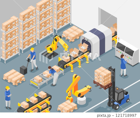 Isometric manufacturing. Workers working on assembly line, conveyor, with robotics arms and modern factory machines. Robots and people, flawless vector scene 121718997