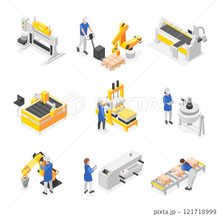 Isometric factory workers. People in uniform working with technology machines and modern robotic arms. Assembly line, manufacturing flawless vector set Isometric factory workers. People in uniform working with technology machines and modern robotic arms. Assembly line, manufacturing flawless vector set 121718999