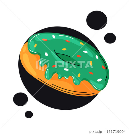 Colorful vector illustration featuring a donut. Playful, hand-drawn doodle style with bold outlines, bright colors, and a dark background. 121719004