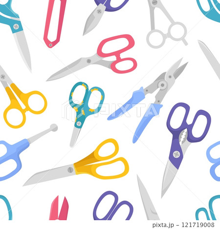 Scissors seamless pattern. Flat scissor with plastic grips. Steel cutting tools for workshop, cut paper, carton. Fabric print design, neoteric vector background 121719008