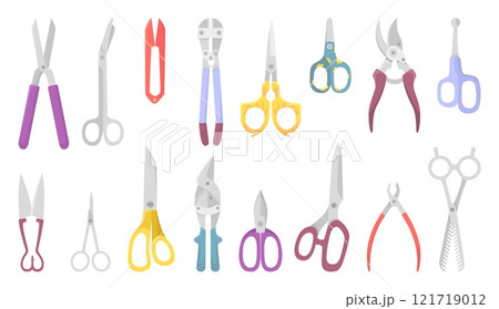 Different flat scissors. Isolated scissor and nippers, cutting equipment. Tools for workshop, cut equipment for carton paper fabric, neoteric vector set Different flat scissors. Isolated scissor and nippers, cutting equipment. Tools for workshop, cut equipment for carton paper fabric, neoteric vector set 121719012
