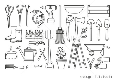 Doodle gardening tools. Hand drawn agriculture elements, pitchfork rake shovel watering can. Farm work equipment, garden planting neoteric vector elements 121719014