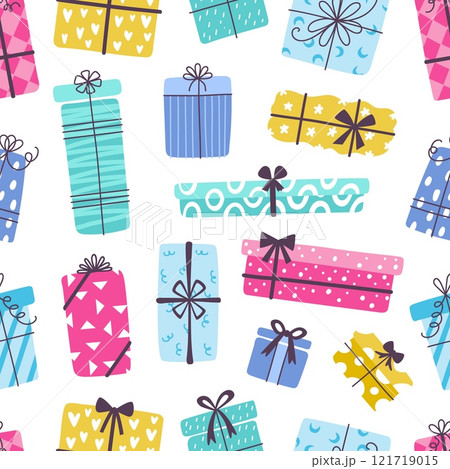 Gift box seamless pattern. Decorative present boxes, gifts for different party or fest. Abstract fabric wrapping wallpaper print design, neoteric vector background 121719015