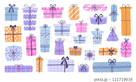 Gift boxes hand drawn. Isolated presents, shopping boxes decorated bows and ribbons. Parcels, birthday party new year christmas mothers day neoteric vector elements Gift boxes hand drawn. Isolated presents, shopping boxes decorated bows and ribbons. Parcels, birthday party new year christmas mothers day neoteric vector elements 121719016